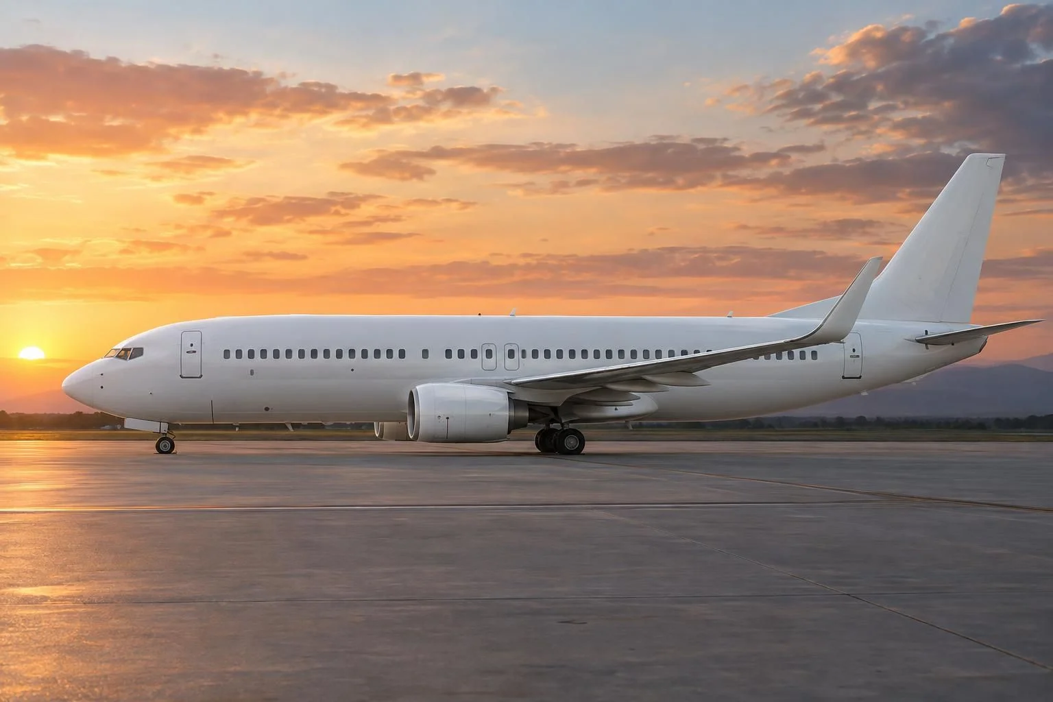 100 737-8s, plus options for 50 more: A plain white passenger jet rests on a runway at sunset, with orange clouds reflected across the tarmac.