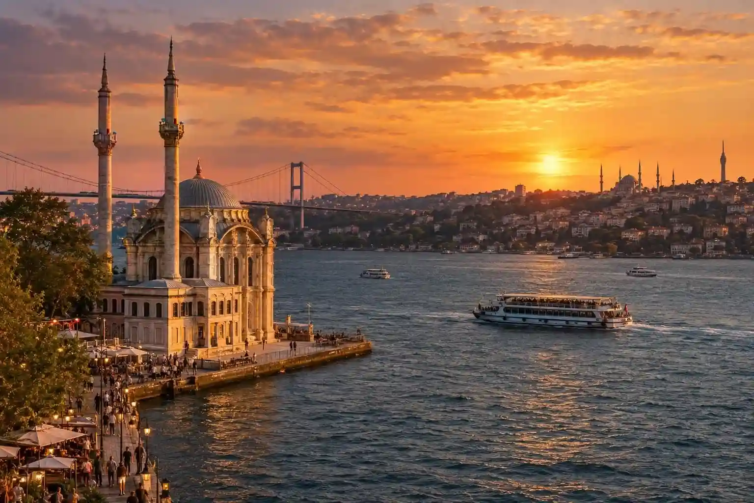 A fleet investment for Istanbul-based operations: A domed waterfront mosque and twin minarets overlook a busy strait, with passenger boats, a suspension bridge, and an orange sunset.