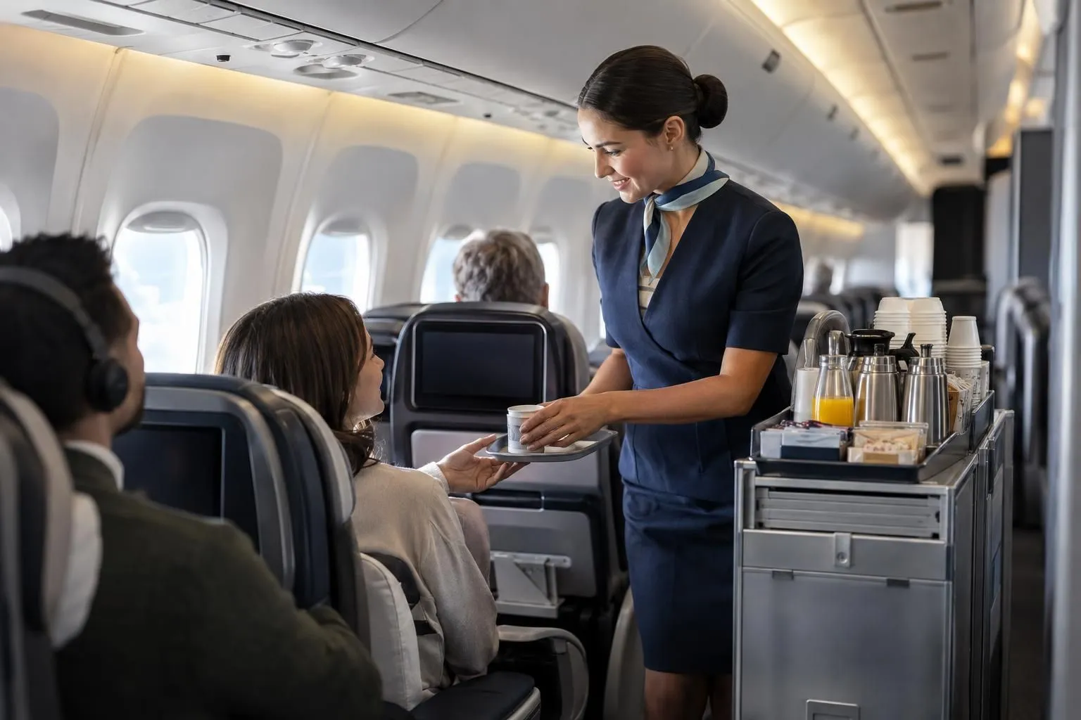 A memorable welcome during Desert Storm: A flight attendant serves a seated passenger from a tray beside a stocked beverage cart in an airplane cabin.