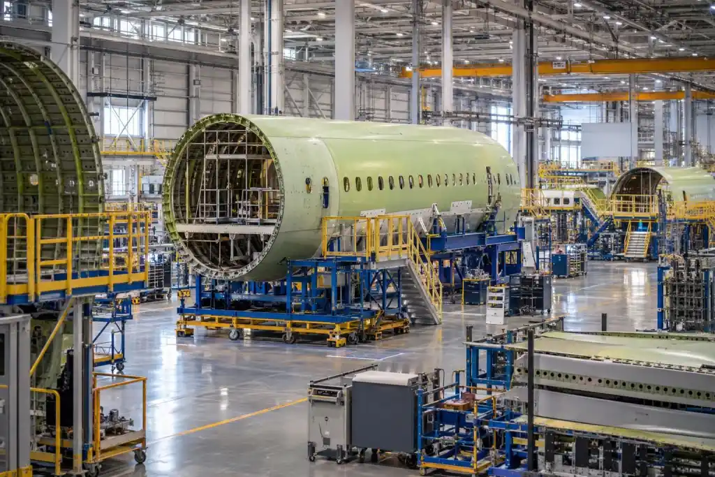 Boeing’s efficiency claim and industrial participation: Several unfinished passenger jet fuselages sit on blue assembly platforms inside a bright factory, surrounded by yellow-railed workstations and equipment.