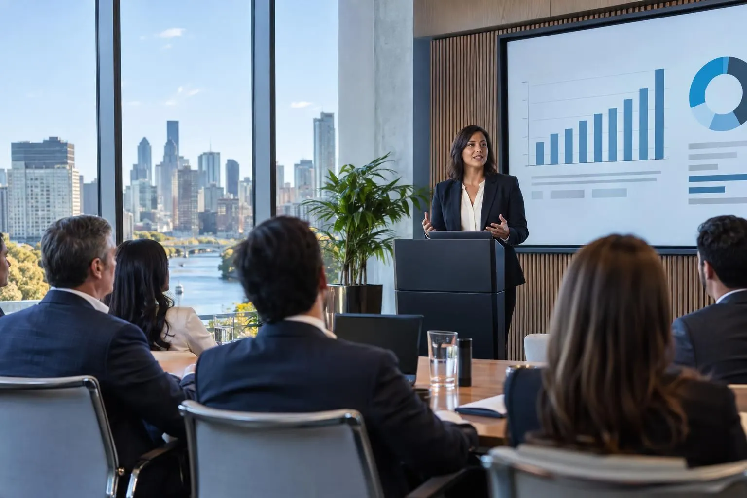 Call scheduled for Oct. 9: A woman presents beside a screen with bar and donut charts as colleagues sit around a conference table overlooking a city skyline.