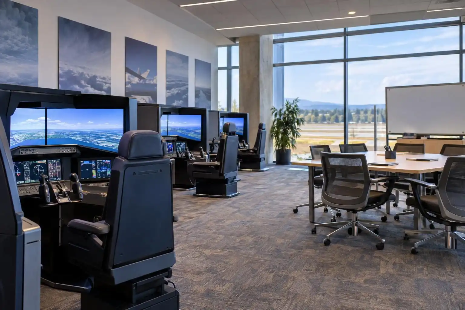 Delta and Airbus leaders discussed career paths: A bright aviation training room contains several flight simulator cockpits, a conference table, and large windows overlooking an airfield.