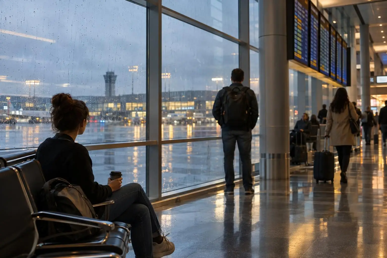 Delta expects fewer cancellations Monday: Travelers wait in a terminal beside rain-streaked windows, with departure boards overhead and wet airport pavement visible outside.
