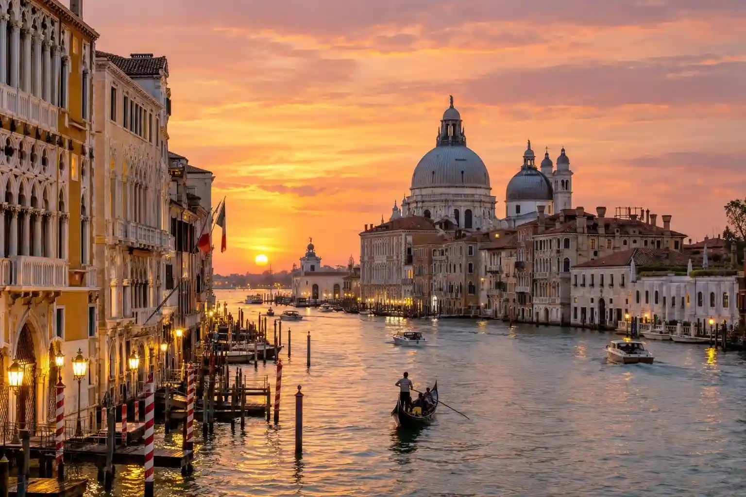 A gondolier rows along Venice’s Grand Canal at sunset, past ornate waterfront buildings and domed churches beneath a glowing orange sky.