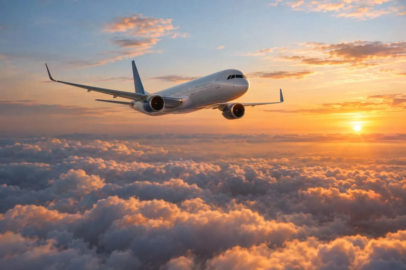 Dividend amount and payment date: A white passenger jet flies above dense clouds at sunset, with orange light glowing on the clouds and horizon.