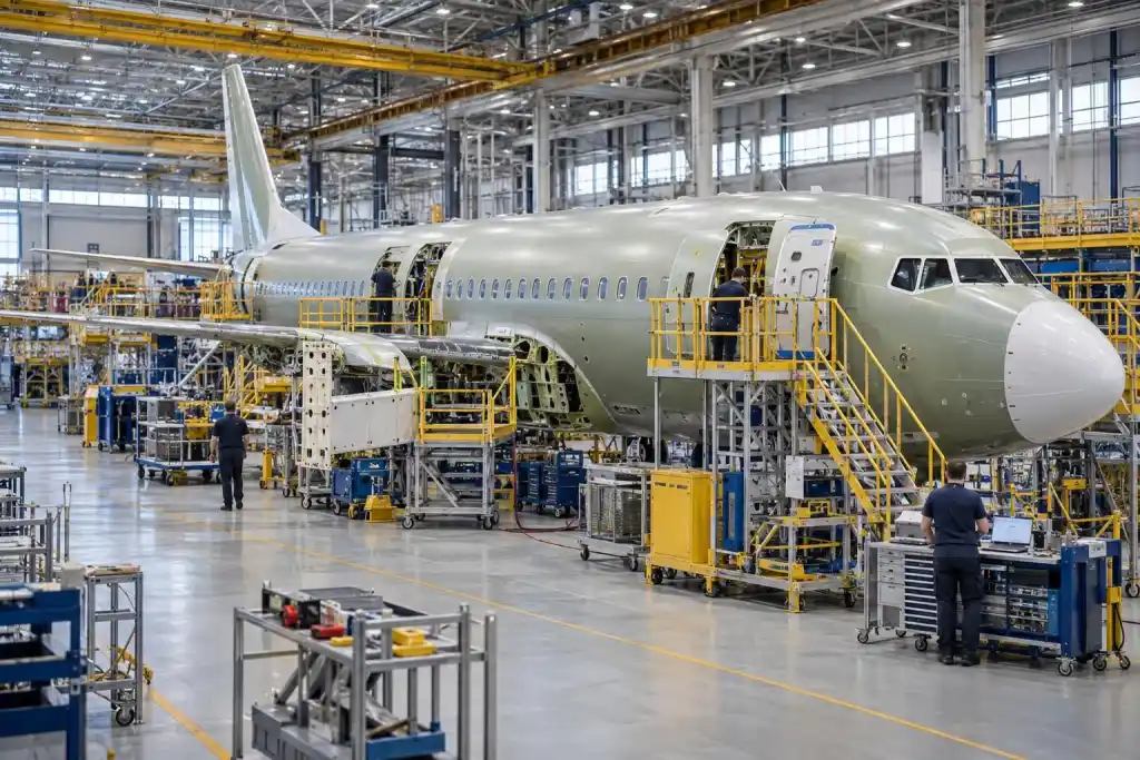 Four stops explored aircraft and fleet work: A large unfinished passenger aircraft stands in an assembly hall, surrounded by yellow work platforms, machinery, and technicians.