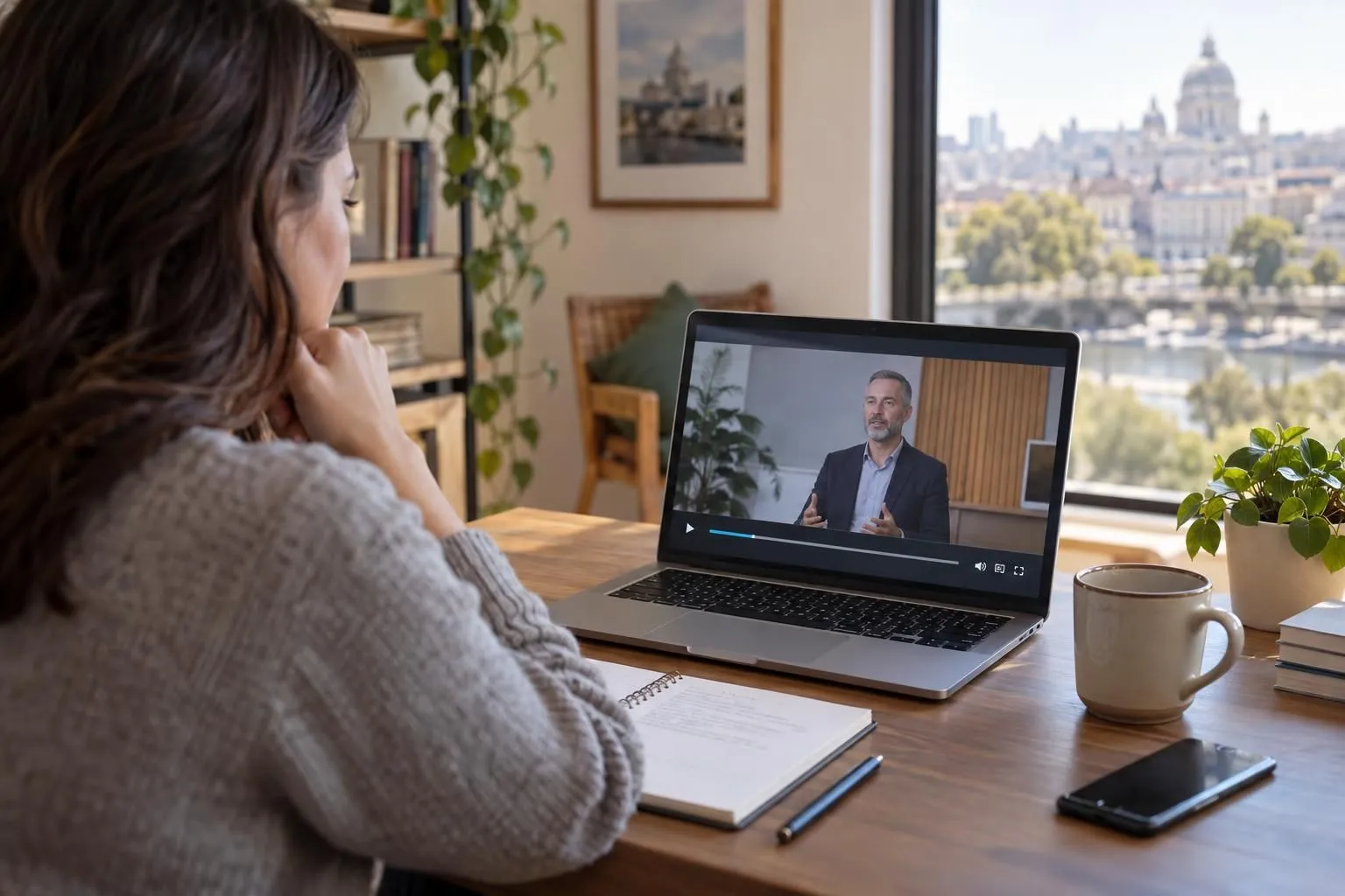 Live webcast and replay: A woman watches a video of a seated man on her laptop, with a notebook, coffee mug, and city view nearby.