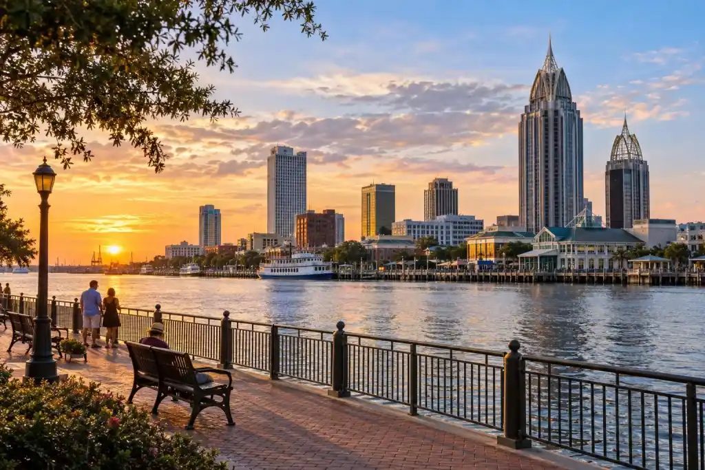 Mobile facility builds Airbus A320 and A220 aircraft: Sunset over a waterfront skyline, with pedestrians on a brick promenade, benches, a railing, leafy branches, and boats along the shore.