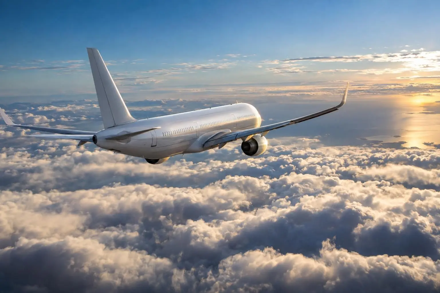 New routes add Athens and Venice: A white passenger jet flies above dense clouds, with the low sun glowing on the horizon and reflecting across the sky.