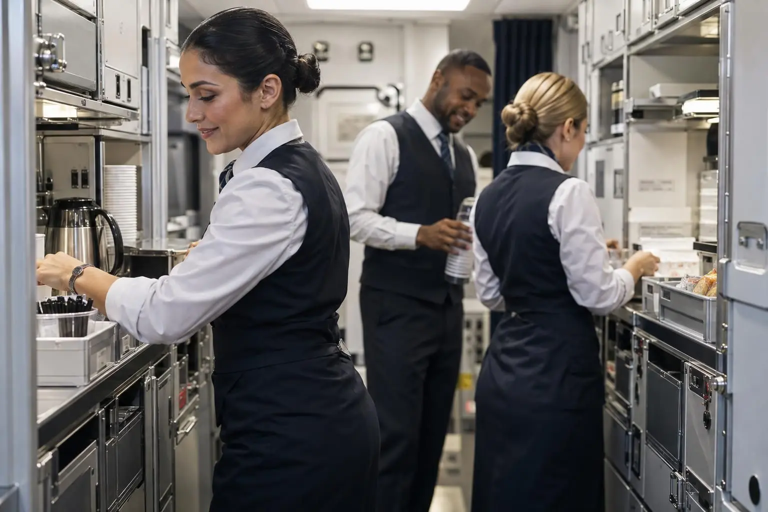 Pride in representing Delta: Three uniformed cabin crew prepare drinks and supplies in a narrow galley lined with metal cabinets and service equipment.