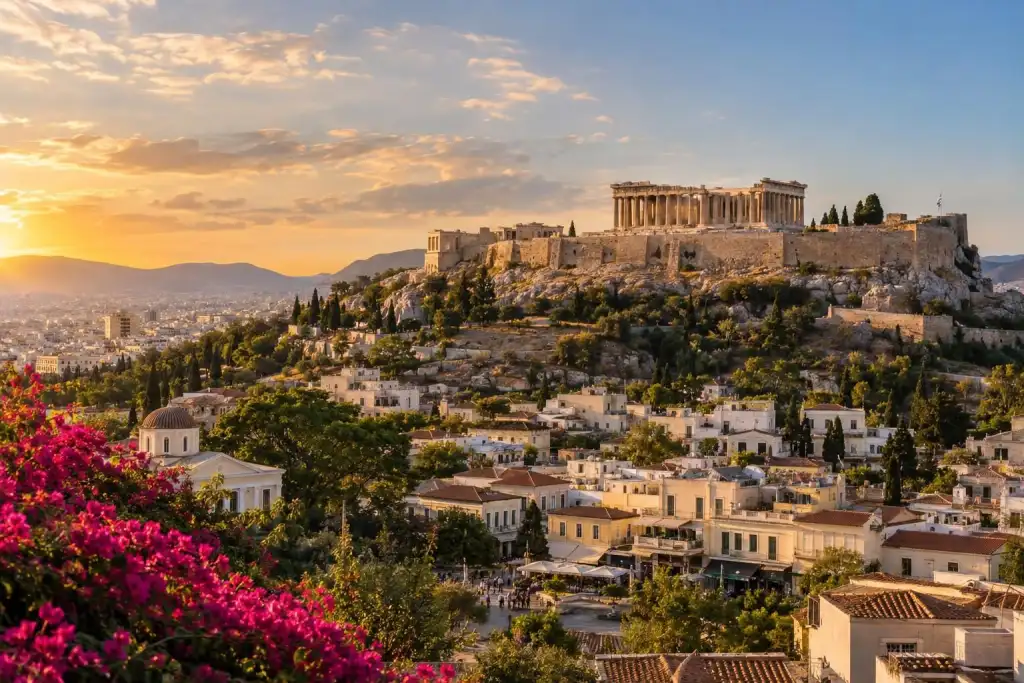 The Acropolis rises above Athens at sunset, with the Parthenon on a rocky hill overlooking dense rooftops and pink bougainvillea.