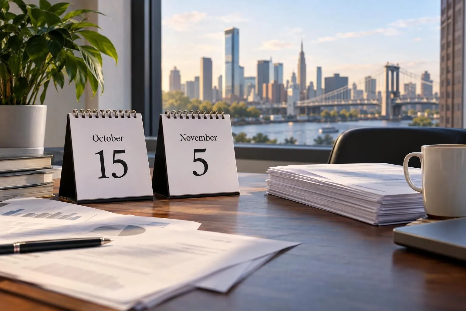 Shareholder record date: Two desk calendars show October 15 and November 5 beside paperwork and a coffee mug, with a city skyline and suspension bridge visible through the window.