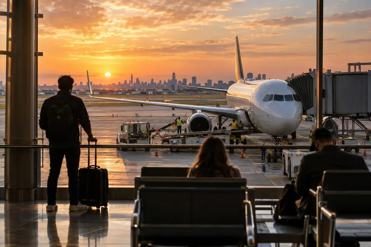 Ten new cities, with seven routes from Newark: Passenger with rolling suitcase watches a jet at sunset.
