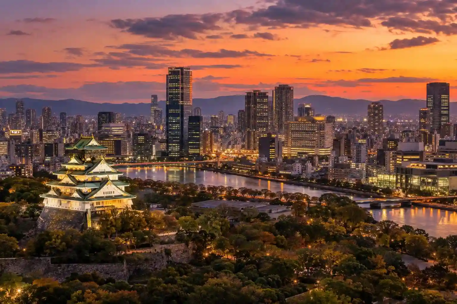 Three routes add service to existing destinations: Osaka Castle overlooks a river and illuminated skyline at sunset.