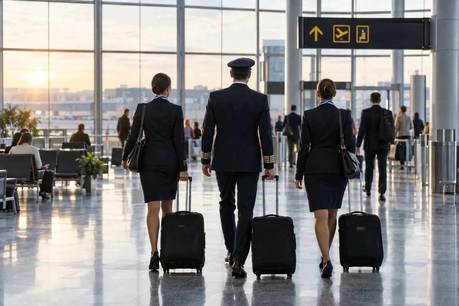 What has kept her flying: Three uniformed airline crew members pull rolling suitcases through a bright airport terminal beneath overhead directional signs.