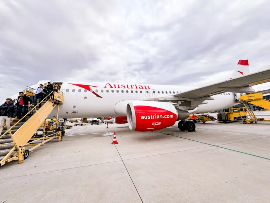 Austrian Airlines Airbus A320 OE-LXD parked at Vienna with passengers descending mobile stairs, in an archive photograph