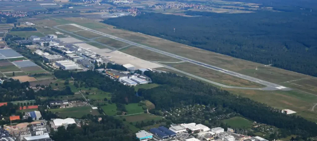 Aerial view of Nuremberg Airport’s runway and terminal in July 2021