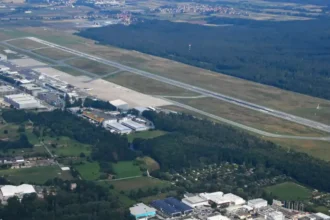 Aerial view of Nuremberg Airport’s runway and terminal in July 2021
