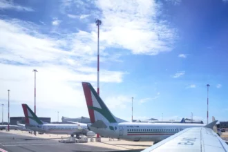 Archive Aeroitalia Boeing 737 aircraft parked at Rome Fiumicino in April 2024