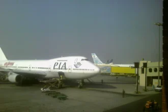 Archive PIA Boeing 747 parked at Lahore airport apron in 2007