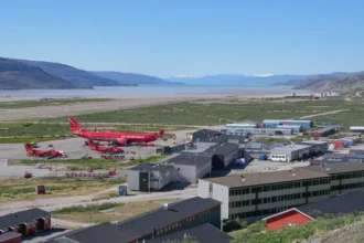 Air Greenland aircraft and terminal buildings at Kangerlussuaq Airport in July 2024