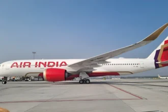 Air India Airbus A350 VT-JRA on the apron at Wings India in January 2024