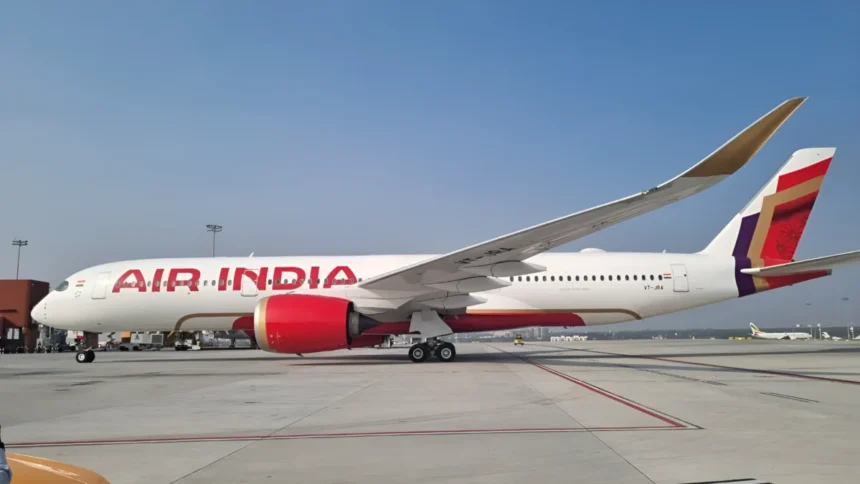 Air India Airbus A350 VT-JRA on the apron at Wings India in January 2024