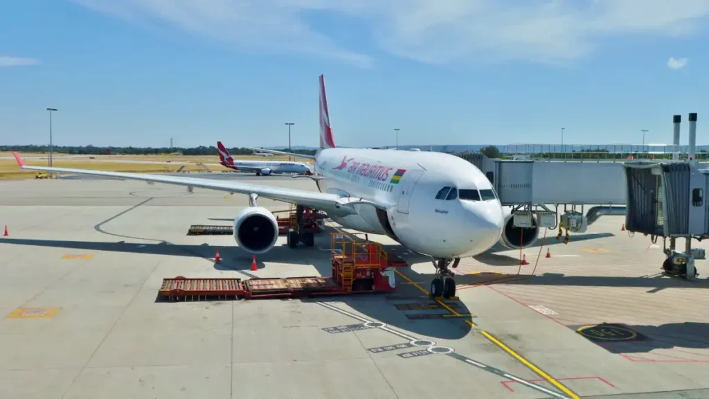 Air Mauritius Airbus A330-202 at a Perth Airport gate in November 2017