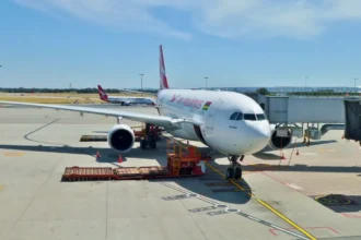Air Mauritius Airbus A330-202 at a Perth Airport gate in November 2017