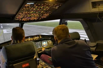 Airbus A320 simulator cockpit at Skywings during a training session
