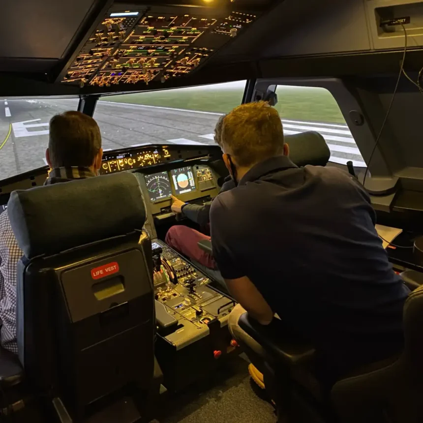 Airbus A320 simulator cockpit at Skywings during a training session