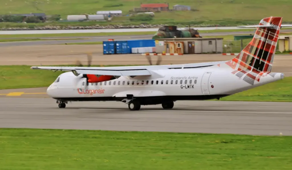 Loganair ATR 72 G-LMTK taxiing at Sumburgh Airport in July 2026