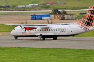 Loganair ATR 72 G-LMTK taxiing at Sumburgh Airport in July 2026