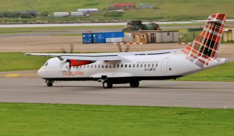 Loganair ATR 72 G-LMTK taxiing at Sumburgh Airport in July 2026