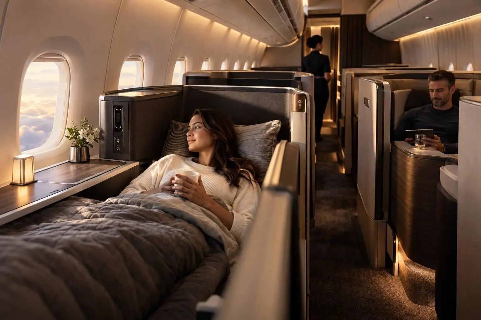 Aurora and Leihōkū bring lie-flat suites to more aircraft: Passenger relaxing in a private airplane suite, holding a cup beneath a blanket.
