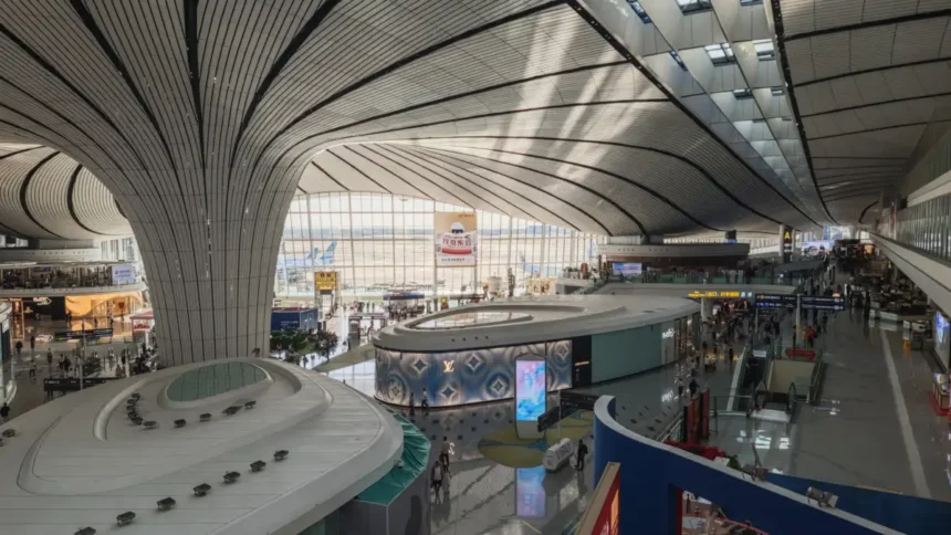 Curved terminal roof and passenger concourses inside Beijing Daxing International Airport