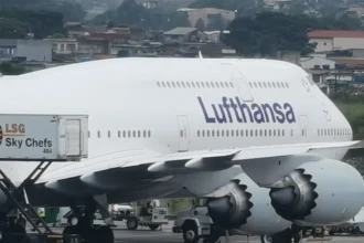Lufthansa Boeing 747-8 parked on the apron at São Paulo-Guarulhos airport in January 2020.
