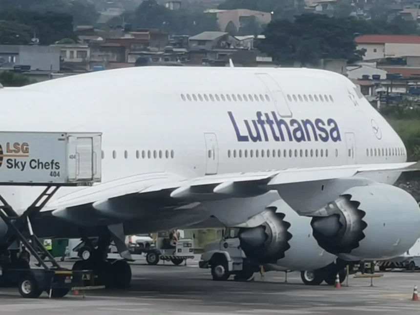 Lufthansa Boeing 747-8 parked on the apron at São Paulo-Guarulhos airport in January 2020.