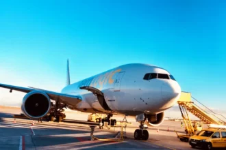 AeroLogic Boeing 777 freighter parked at Leipzig/Halle Airport in December 2017