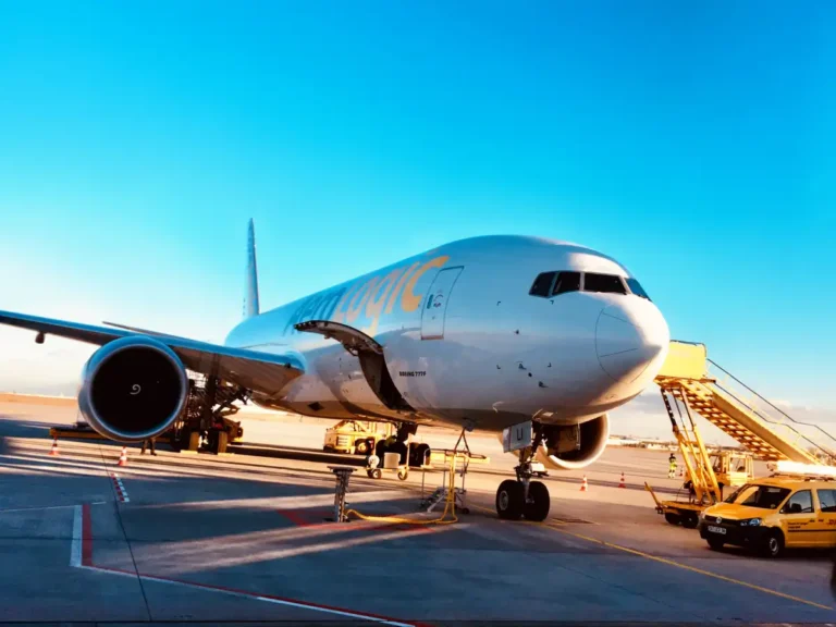 AeroLogic Boeing 777 freighter parked at Leipzig/Halle Airport in December 2017