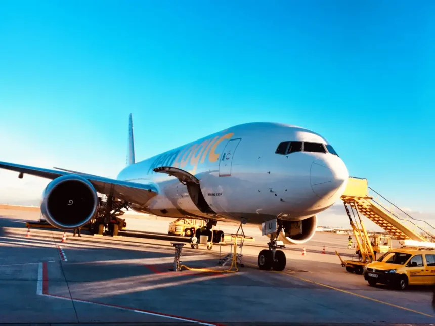 AeroLogic Boeing 777 freighter parked at Leipzig/Halle Airport in December 2017