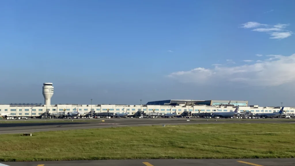 Control tower and Terminal 2 at Taiwan Taoyuan Airport in July 2023