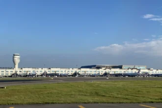 Control tower and Terminal 2 at Taiwan Taoyuan Airport in July 2023