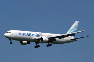 EuroAtlantic Boeing 767-300ER CS-TFT approaching Amsterdam Schiphol in July 2013.
