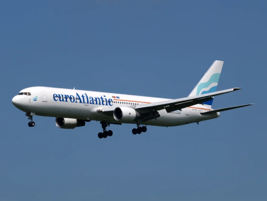 EuroAtlantic Boeing 767-300ER CS-TFT approaching Amsterdam Schiphol in July 2013.