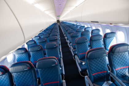 Delta Comfort+ seats inside an Airbus A321neo in a 2022 archive photograph