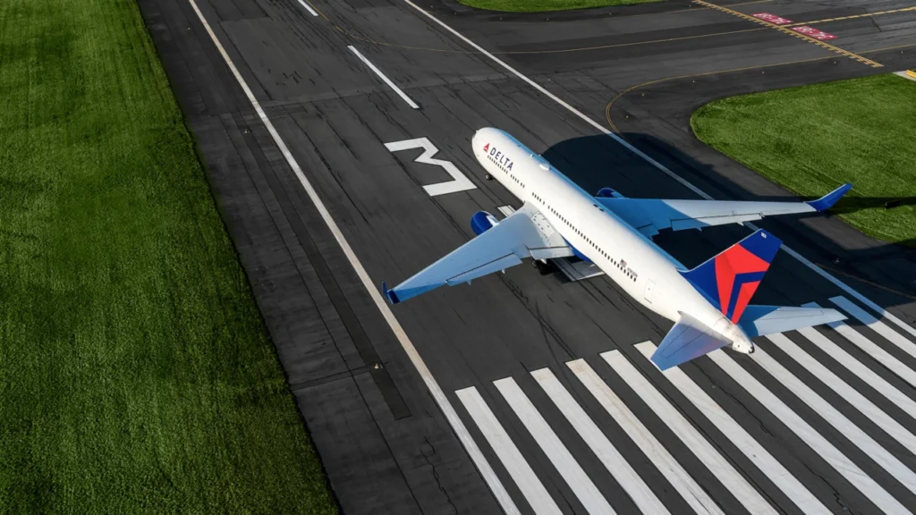 Delta Boeing 767-300 on a runway in an archive press photograph