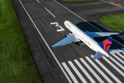 Delta Boeing 767-300 on a runway in an archive press photograph