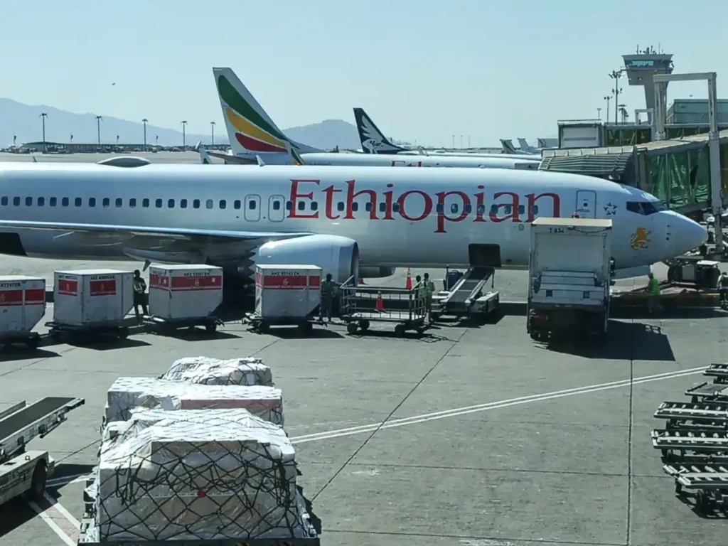 Ethiopian Airlines aircraft and ground equipment at Addis Ababa airport in December 2024