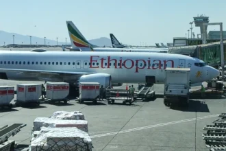 Ethiopian Airlines aircraft and ground equipment at Addis Ababa airport in December 2024